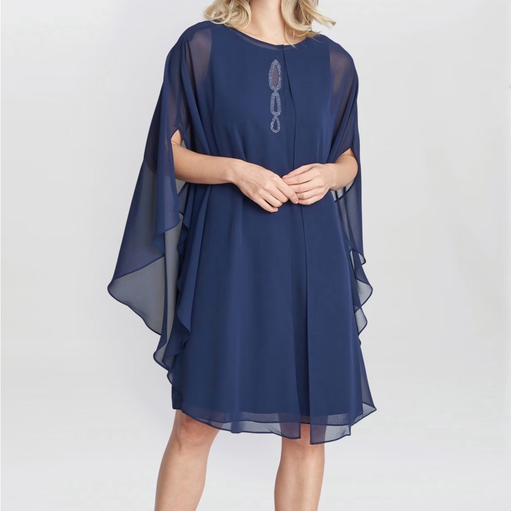 Gina Bacconi Navy Chiffon Cape-Sleeve Wedding Dress